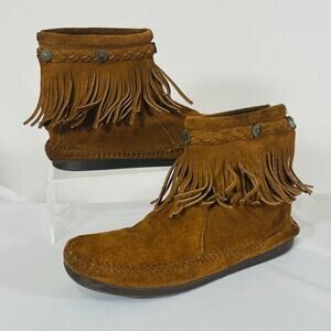 Minnetonka Ankle Boots Womens 6.5 Fringe Brown Suede Leather BOHO Southwestern